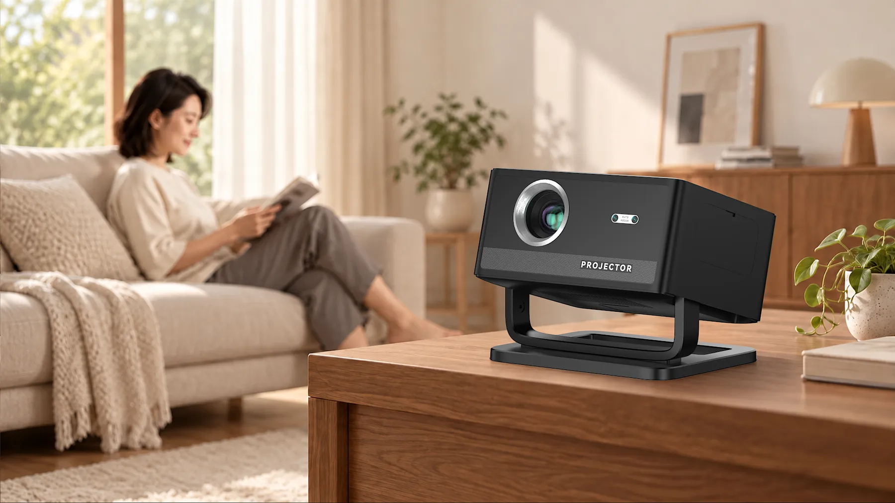 velec AXIS ONE on a wooden table in a softly lit living room, with an adult reading on a sofa.