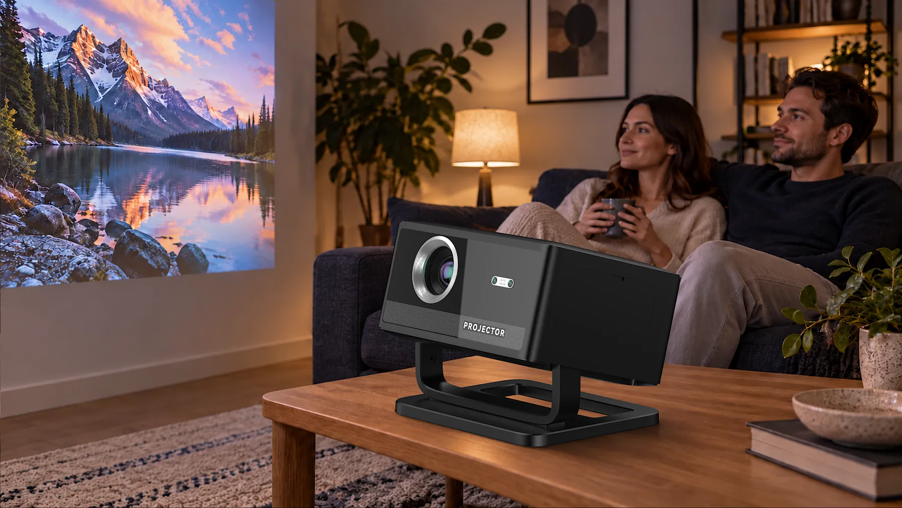 Illustrative living-room scene with velec AXIS ONE and two adults viewing a projected landscape.