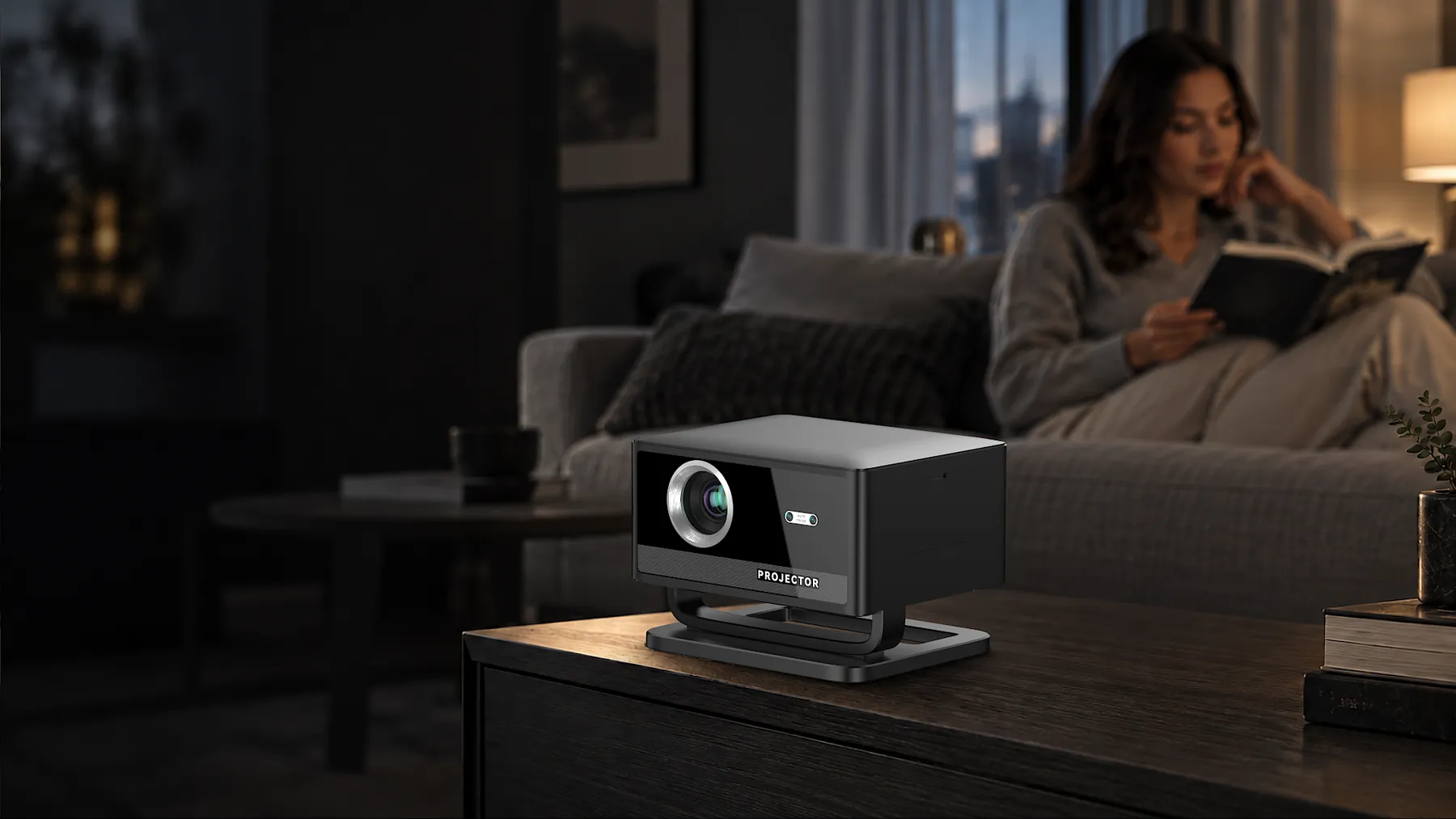 Matte black velec AXIS ONE projector with a silver lens ring and a black U-shaped stand.