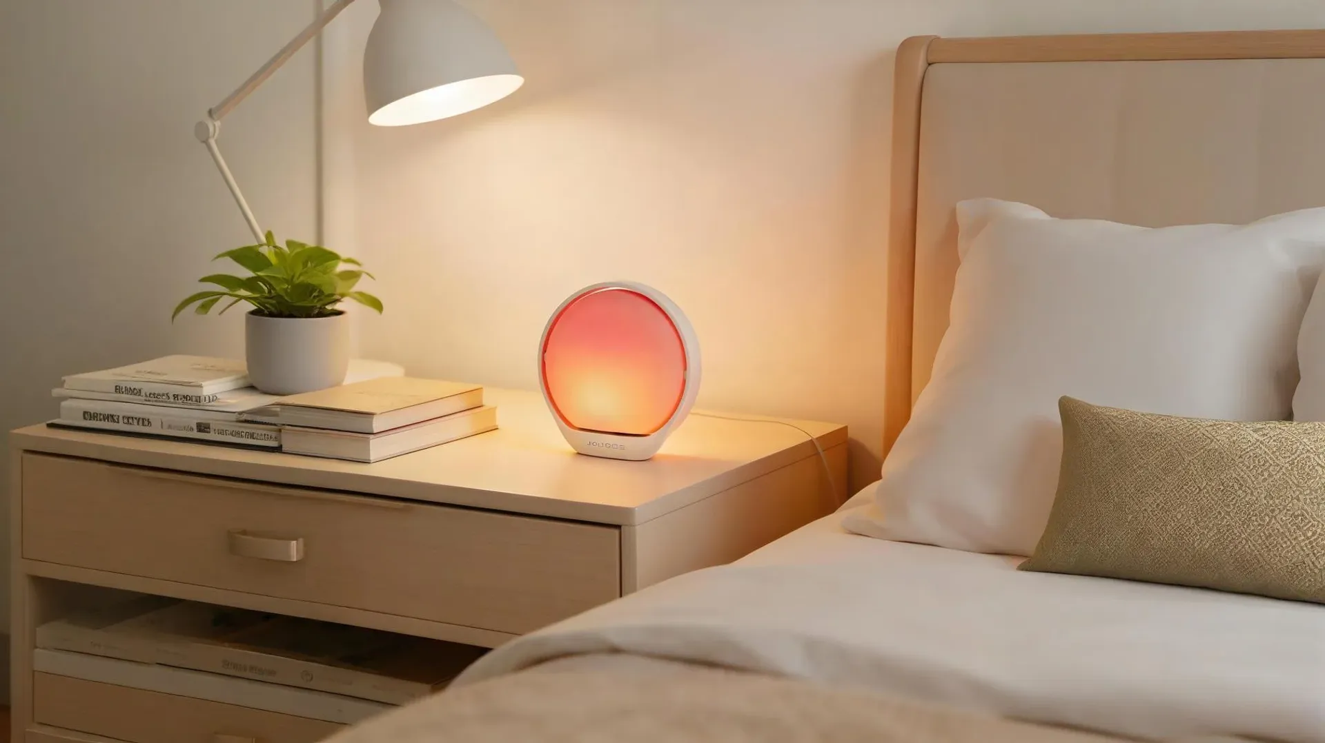 Velec ambient light projector on a bedside table