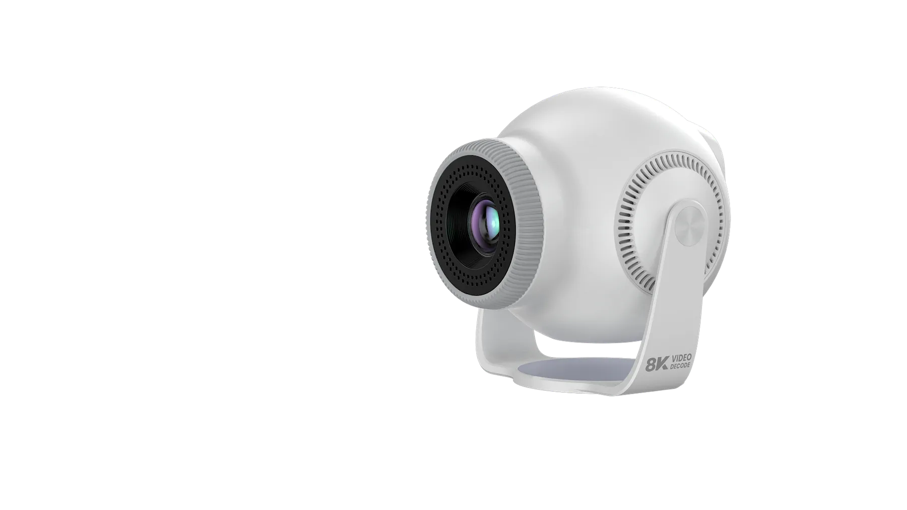White cylindrical velec NOLA ONE projector with a black circular front and white tilting cradle.